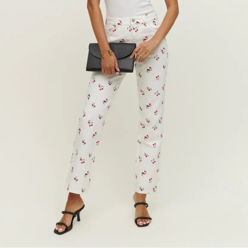 Reformation - Cherries Embroidered High Rise Straight Jeans 25